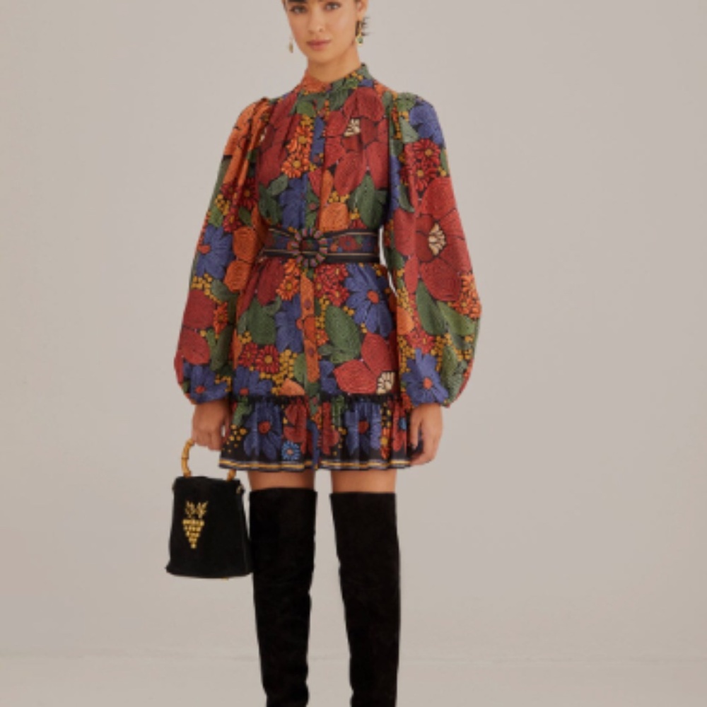 Black Stitched Flowers Long Sleeve Mini Dress